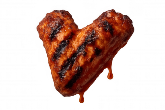 Heart shaped grilled chicken wing, dripping tempting bbq sauce. Juicy meat with grill marks on transparent background