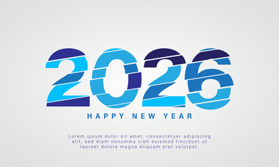 Trendy unique new year 2026 design with the concept of the number 2026 in blue cut into pieces.