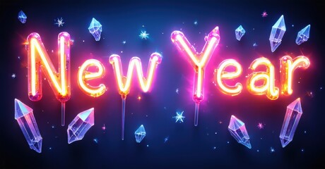 Bright neon text spells New Year. Sparkling crystals surround lettering against dark blue background. Festive, celebratory design.