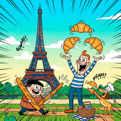 Happy French friends enjoy a picnic in Paris