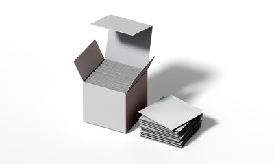 Open cardboard box with paper envelopes