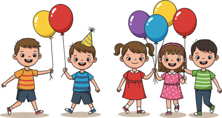 Happy children holding colorful balloons, kids birthday party celebration, smiling boys and girls cartoon illustration, festive family fun artwork design