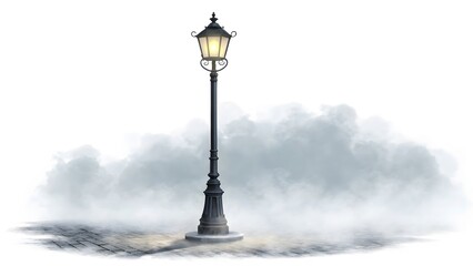 Vintage lamppost glowing in fog or snow on a white background.