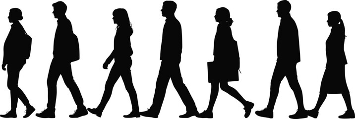 Silhouette group of people walking forward, diverse crowd illustration, business and casual individuals, urban lifestyle concept, teamwork movement, professional walking figures