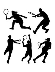 Tennis game sport training silhouette. Male and female player pose