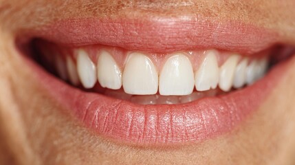 Perfect Smile: A close-up shot of a woman's smile showcasing perfect, healthy teeth and full, pink lips, radiating happiness and oral well-being.