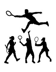 Tennis game sport training silhouette. Male and female player pose