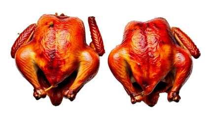 Delicious whole roasted chicken pair ready to serve, isolated on transparent background