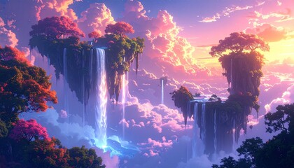 A surreal fantasy landscape with floating islands. Waterfalls falling into the sky. Glowing trees and dreamlike atmosphere. Vivid colors, surreal clouds, high detail, photorealistic yet imaginative. 
