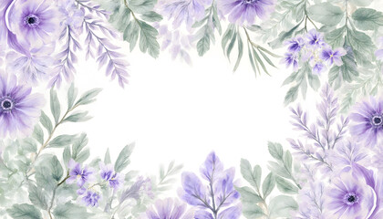 Fototapeta premium Watercolor Lavender Flowers Flower Frame Border with Green Leaves on White Background