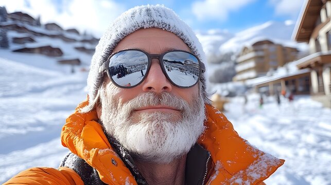 Elderly man in bright orange jacket enjoys snowy mountain landscape on a sunny winter day