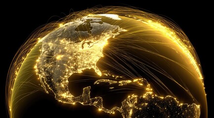 Global network, illuminated globe, North America highlighted.  Golden lines radiating, city lights prominent