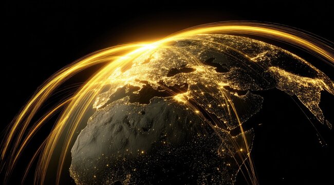 Golden energy streams wrap around a dark, detailed globe.  City lights illuminate the Earth's surface