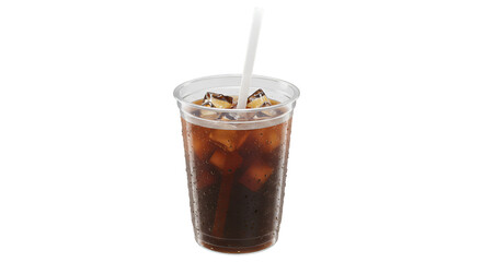 Refreshing Iced Coffee: A close-up shot showcases a chilled iced coffee in a transparent plastic cup, the refreshing brown liquid highlighted by ice cubes and a slender straw, the perfect refreshment.