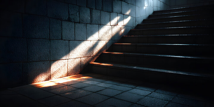 Dimly lit subway stairs with dramatic shadow effect