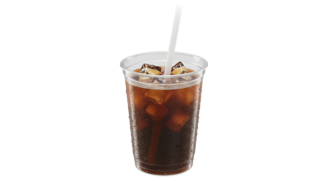 Refreshing Iced Coffee: A close-up shot showcases a chilled iced coffee in a transparent plastic cup, the refreshing brown liquid highlighted by ice cubes and a slender straw, the perfect refreshment.