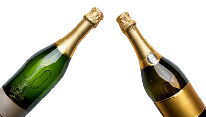 Sparkling champagne pair bottle and popping cork, isolated on transparent background