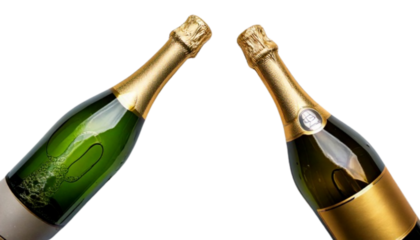Sparkling champagne pair bottle and popping cork, isolated on transparent background