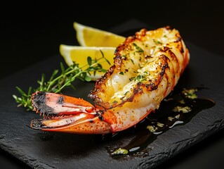 A grilled lobster tail with garlic butter, served with a side of lemon wedges on a dark slate plate