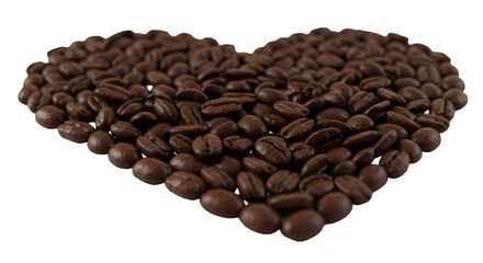 Heart-Shaped Coffee Beans: A close-up view of a heart elegantly crafted from freshly roasted coffee beans, a romantic symbol of love, coffee, and cozy mornings.