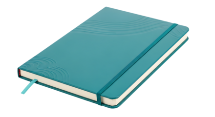 Teal notebook with elastic band isolated on transparent background for writing