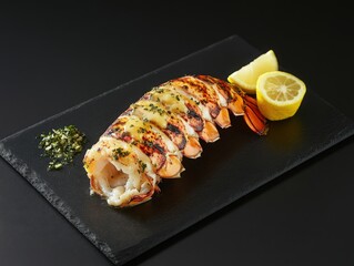 A grilled lobster tail with garlic butter, served with a side of lemon wedges on a dark slate plate