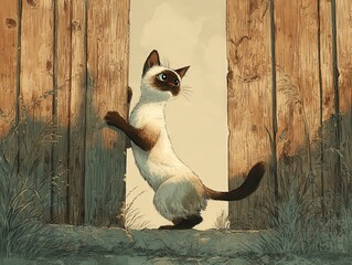 Curious Cat Peeking Through Wooden Fence in Serene Landscape at Dusk, Capturing Playful Feline Moment