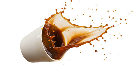 Coffee Spill in Motion: A captivating splash of rich, dark coffee explodes from a tipped cup, suspended mid-air, forming a dynamic, high-speed moment. capturing the raw energy and artistic beauty