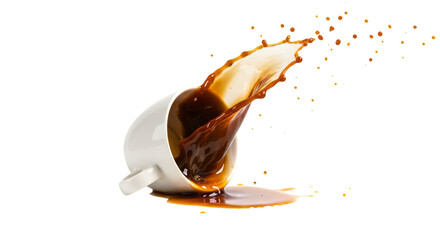 Spilled Coffee Cup: A moment captured as a white coffee cup spills its rich, dark contents, creating a dynamic splash against a clean backdrop.