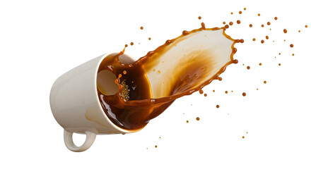 Spilled Coffee Splash: A dynamic moment captured as a white ceramic mug tips over, unleashing a cascade of rich, brown coffee, its form frozen in a splash.