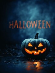 Halloween's Glow: An eerie illuminated pumpkin, radiating an unsettling and mysterious aura in the dark. Halloween words shimmer, casting an otherworldly glow on the scene. 