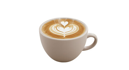 Artful Latte: An artistic latte with heart-shaped foam art sits in a ceramic mug. Evoking warmth and creativity, this image is perfect for cafes, blogs, and culinary content.