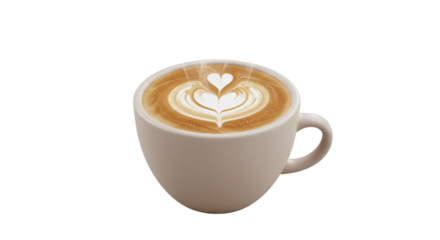 Artful Latte: An artistic latte with heart-shaped foam art sits in a ceramic mug. Evoking warmth and creativity, this image is perfect for cafes, blogs, and culinary content.