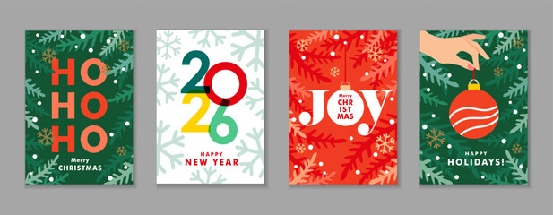 Modern Merry Christmas and Happy New Year 2026 beautiful greeting cards set. Creative design for New Year posters or calendar covers. Vector illustration