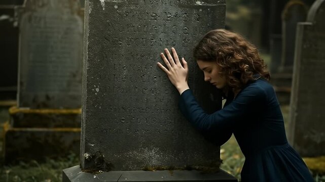 Grieving woman leans on gravestone in cemetery.