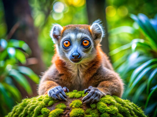 Obraz premium Closeup portrait of a redfronted brown lemur with striking orange eyes in a forest