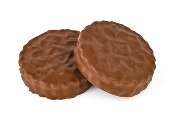 Two chocolate cookies on a white background