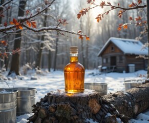 A bottle of golden maple syrup rests on a tree stump in a snowy winter landscape with a rustic sugar shack