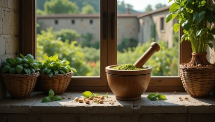 Homemade basil pesto preparation in a wooden mortar on a sunny windowsill overlooking a rustic European landscape