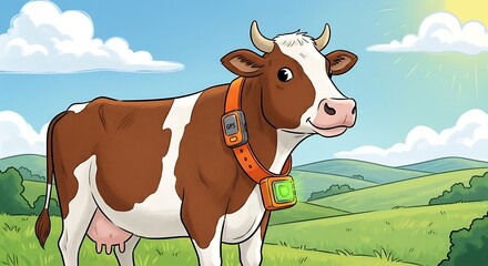Cow wearing a smart collar in a green field.
