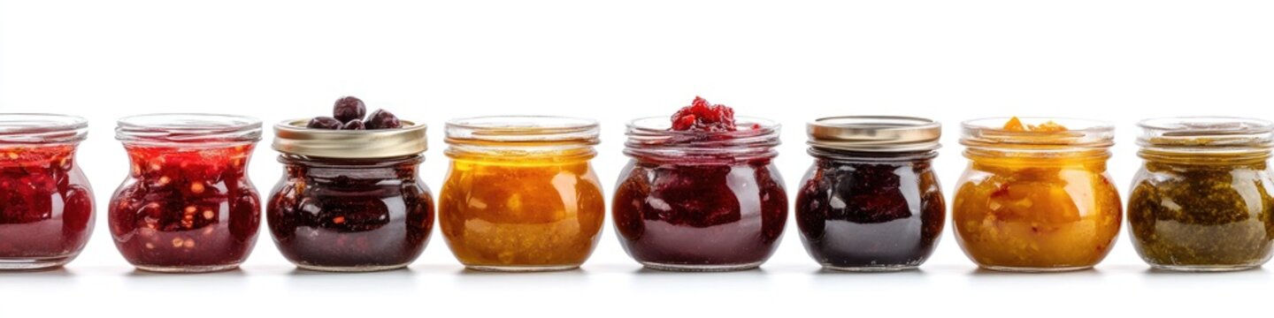 Assorted jars of fruit preserves on white background