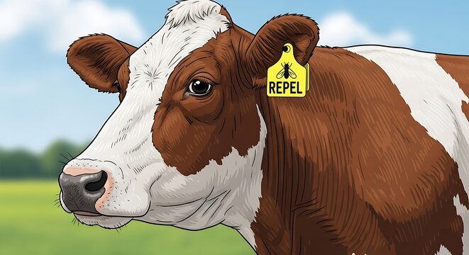 Cow with ear tag in a green field.