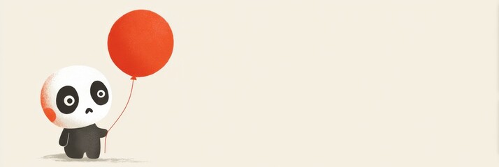 Fototapeta premium Adorable panda character with distinct features holds a bright red balloon, creating a joyful atmosphere in a minimalist style with soft colors.