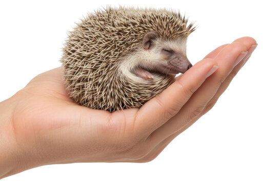 a hand holds a small cute baby hedgehog (atelerix albiventris)