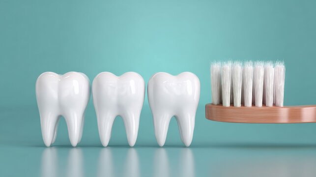 Dental Harmony: A visual representation of oral hygiene, featuring three pristine teeth next to a toothbrush, set against a subtle backdrop of fresh, teal green, evoking the importance of dental care.