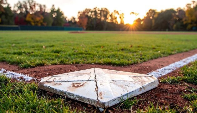 Baseball base at sunset
