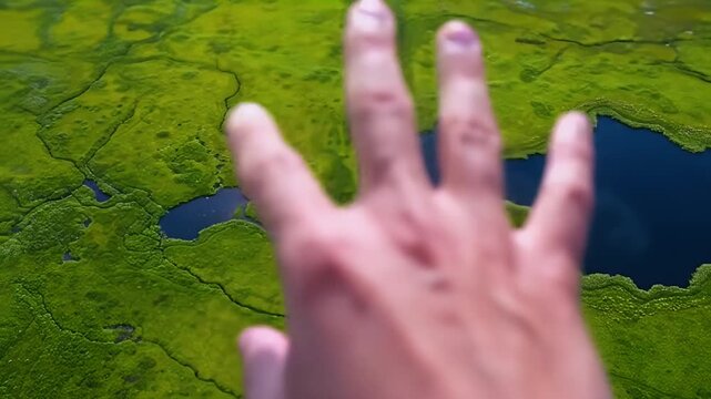 Hand reaching out towards a vast green landscape with water bodies.