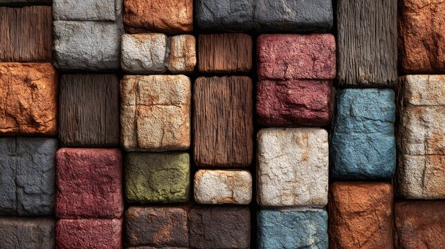Colorful stone and wood blocks mosaic background