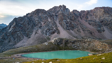 a moraine lake in the mountains. a beautiful mountain lake