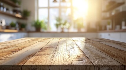 A wooden table against the backdrop of a bright kitchen creates an atmosphere of comfort and homely warmth, suitable for interior design and culinary blogs.
